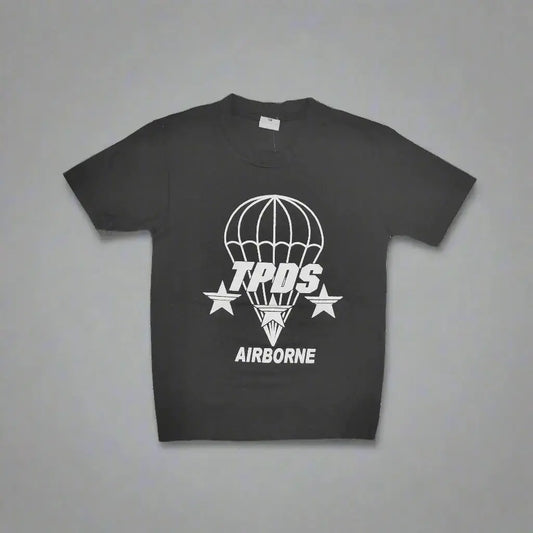 Black t-shirt with white graphic design on a white background