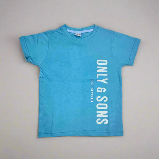 Blue t-shirt with 'Only & Sons' text on a white background